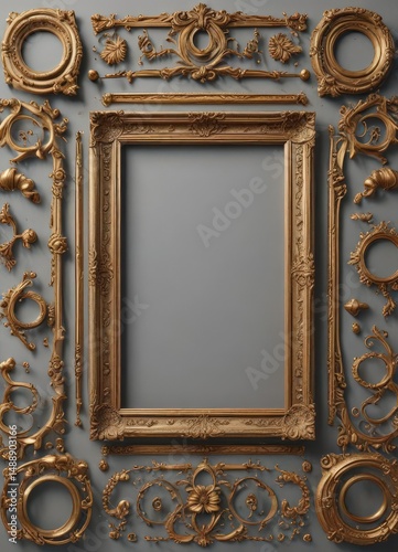 Varied frame shapes and sizes, decorative elements, flatlay style, collage template, arrangement