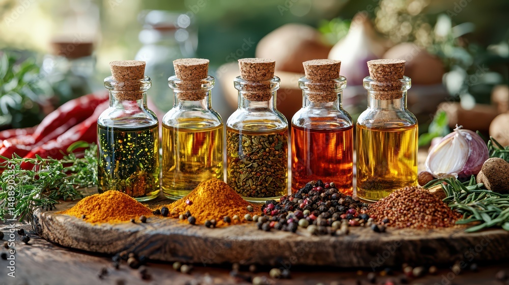 Rustic kitchen display of spices and infused oils Rustic kitchen display of spices and infused oils