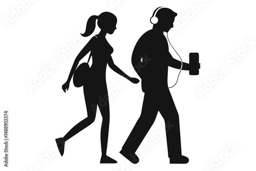 The silhouette evolution of people, a black vector illustration of a woman dancing with passion, from sport to business, and a girl with a gun
