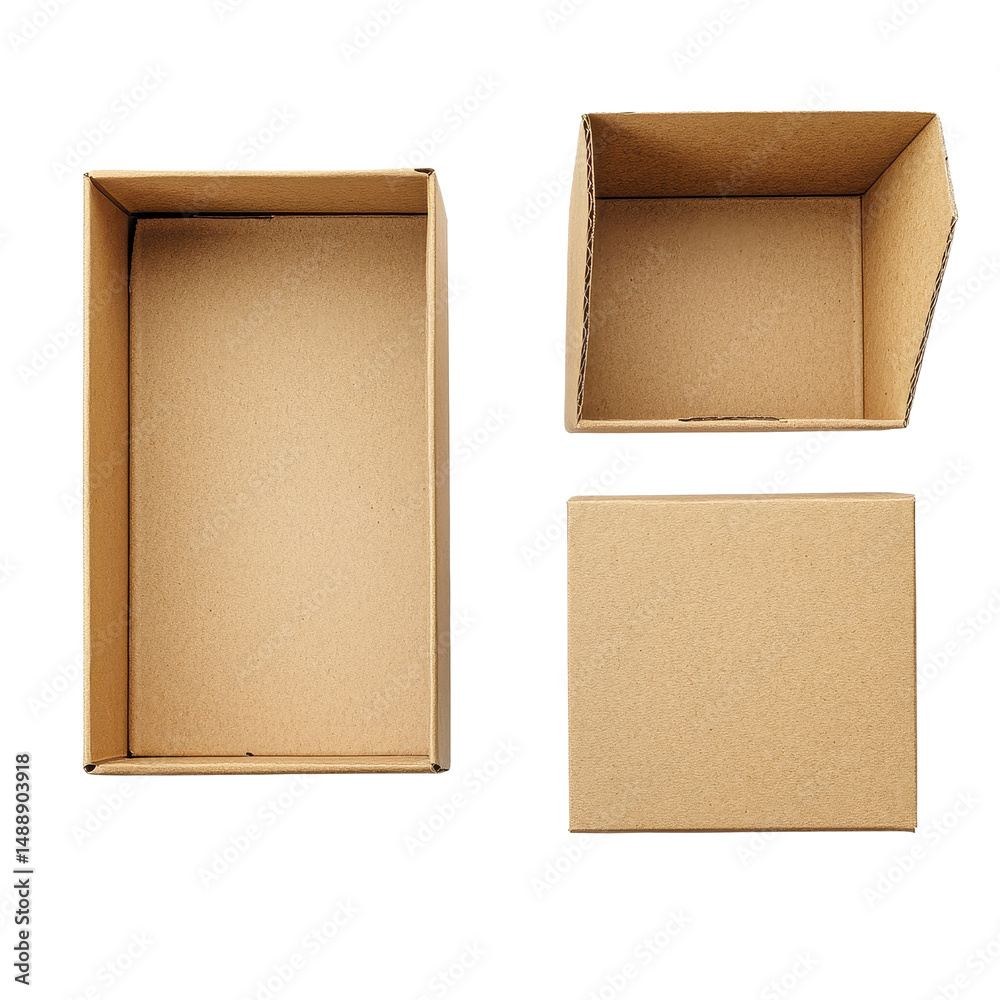 Fototapeta premium Open and closed cardboard box display against a white background showcasing different sizes and shapes, Cardboard Box Open and Closed On white background