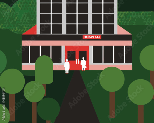 Hospital building with two people in front surrounded by trees  
