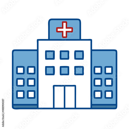 Hospital building icon in blue and white outline style  