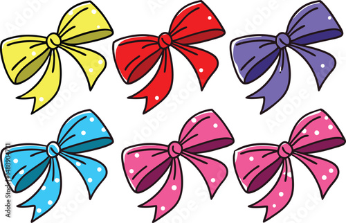 Illustration of six colorful cartoon bows arranged in two rows on a plain white background surface