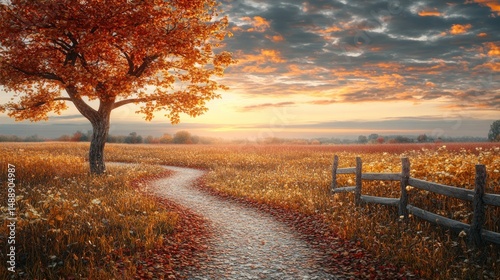 Autumnal path through a field at sunrise