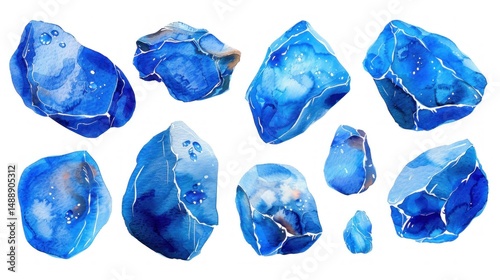 High-quality watercolor blue stones arranged artistically on a clean white background