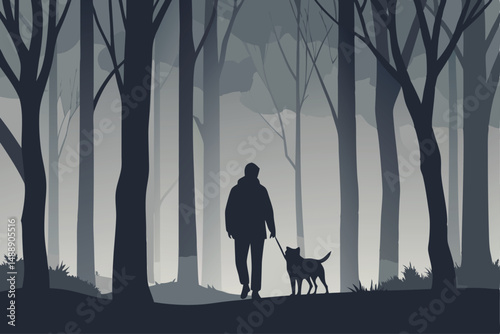 Romantic family silhouette walking their dog in a nature park at sunset, surrounded by trees and spring flowers