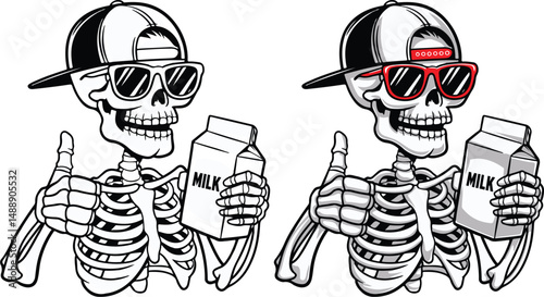 Cool Skeleton Drinking Milk Vector Illustration