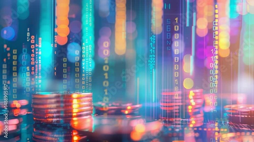 Digital currency concept with coins and binary code, vibrant colors
