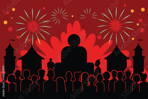 Happy New Year vector illustration of a loving couple silhouetted against a night sky with abstract heart-shaped fireworks celebrating romance