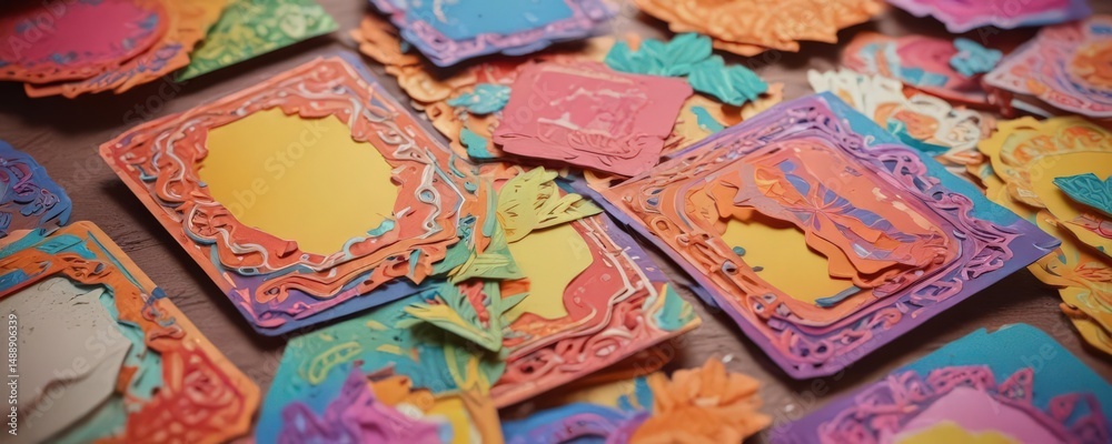 Fototapeta premium Brightly colored layered paper cards, intricate cutouts , layered paper, texture