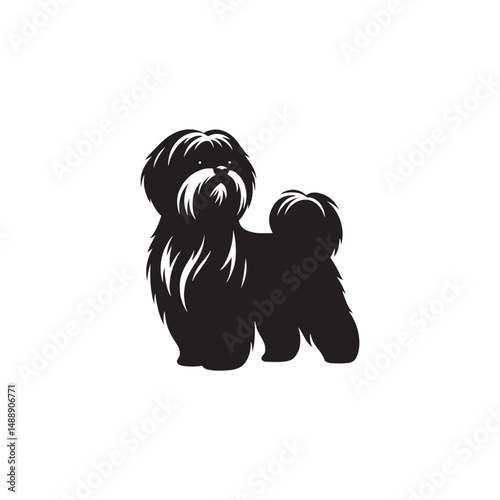 Elegant Lhasa Apso dog silhouette vector featuring long flowing coat, compact body, and regal stance—perfect for pet illustrations, breed logos, and canine-themed graphic design projects.
