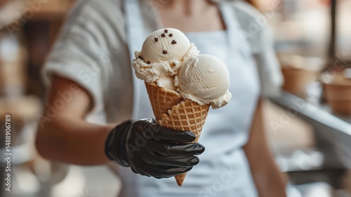 Ice cream seller wearing black gloves holding delicious cone