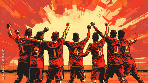 A soccer team celebrates victory with arms raised against a fiery orange and yellow background