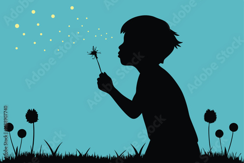One child's silhouette, a boy or girl, is captured blowing a dandelion flower, its seeds carried by the wind