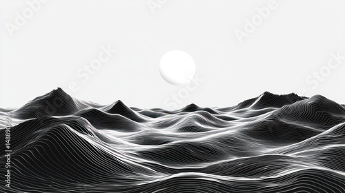 Abstract monochrome landscape with wavy lines and a light orb