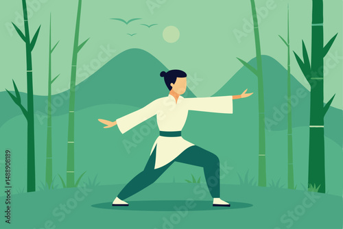 Silhouette of a young woman doing yoga exercises in the park, a black vector illustration of a running person