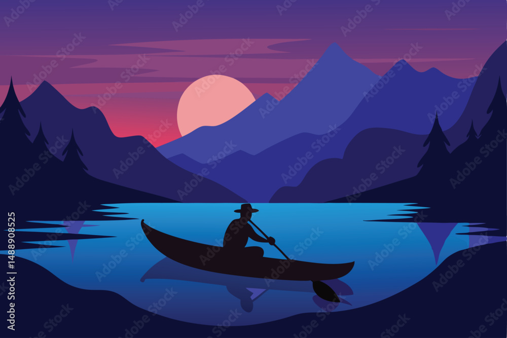 Fototapeta premium Sunset over tranquil waters, a lone fishing boat silhouetted against the sky