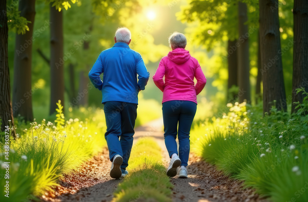 Obraz premium Gray-haired grandparents in tracksuits jogging in the park, view from the back