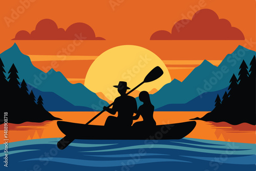A lone man in a boat, a perfect silhouette on the water during a peaceful sunset