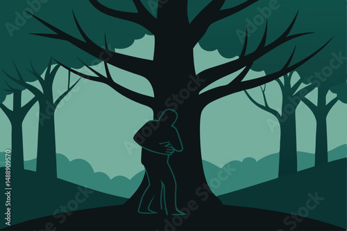 Silhouetted figures against a sunset sky in a dark forest landscape with bare tree branches