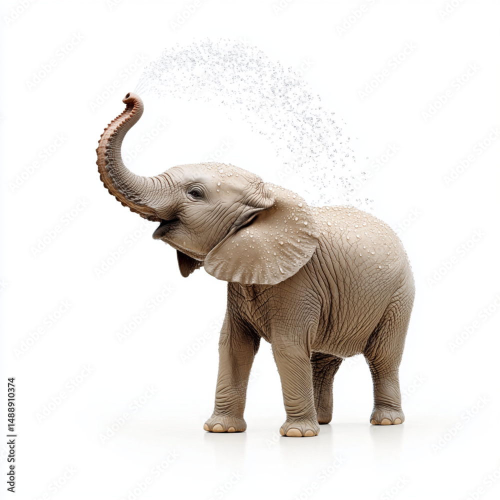 Obraz premium Gray elephant spraying water out of its trunk isolated on white background. Playful animal showers itself on a bright day.