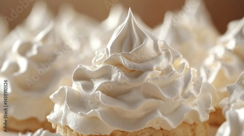 Close-up of delicate, white meringue cookies, topped with swirls of whipped cream