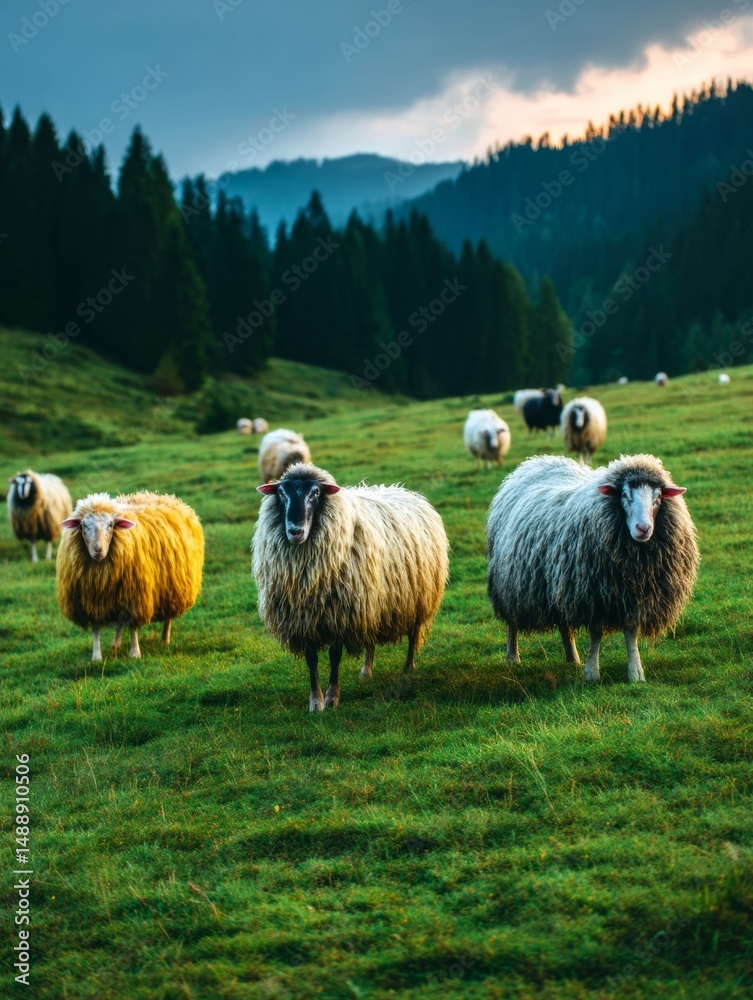 Fototapeta premium Fluffy Sheep Grazing on Green Hillside with Forest Background at Sunset