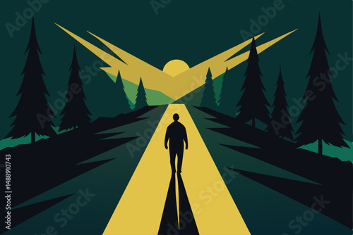 An illuminated night road with a pedestrian crossing sign leads the way to the city, a conceptual journey on an asphalt highway to future success