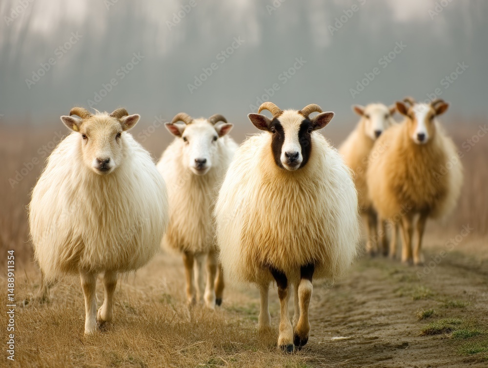 Fototapeta premium Flock of Curious Sheep Walking Towards Camera on a Misty Day