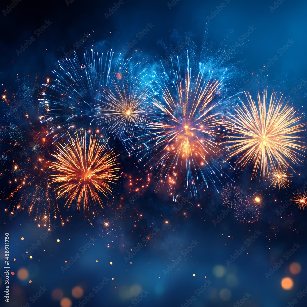 Naklejka premium Spectacular Fireworks Bursting Against a Dark Blue Sky at Night