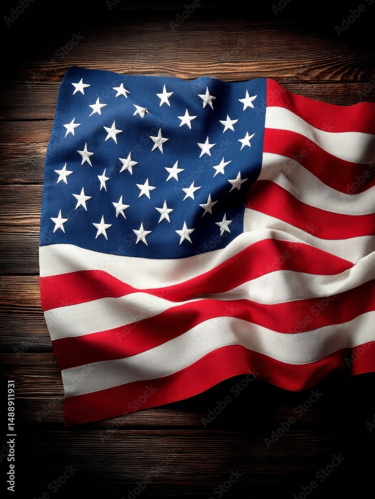 Obraz premium American Flag Draped on Wood, Patriotic Symbol, USA Independence Day Concept