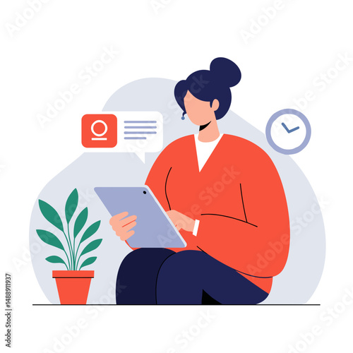 Woman sitting and using tablet with potted plant in modern workspace  