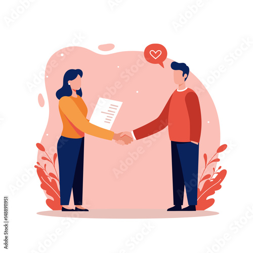 Two people shaking hands while exchanging a document in a pink background  
