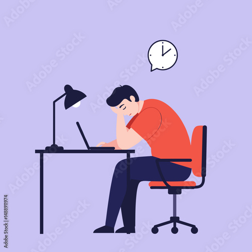 Tired man with head down at desk using laptop under a desk lamp  worker sits at desk with computer and lamp with head resting on hands