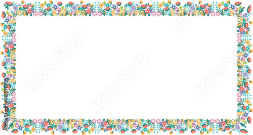 Horizontal rectangle background with hand drawn blooming flowers garden. Floral patterns border. Vector illustration on white or transparent background