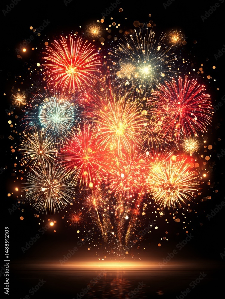 Naklejka premium Vibrant Fireworks Bursting Against a Black Sky, Celebration and Joy
