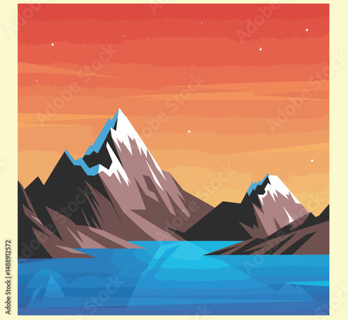 Beautiful Mountain Landscape at Sunset with Lake Reflection Vector Illustration
