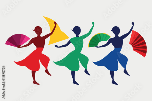 Vector illustration of dancing people silhouettes, a dynamic group evolving with music and sport