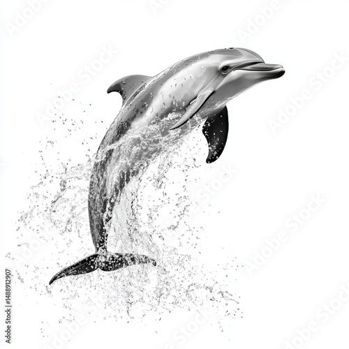 A dolphin leaps joyfully from the water, a monochrome celebration of marine life, capturing the energy and grace of ocean creatures.