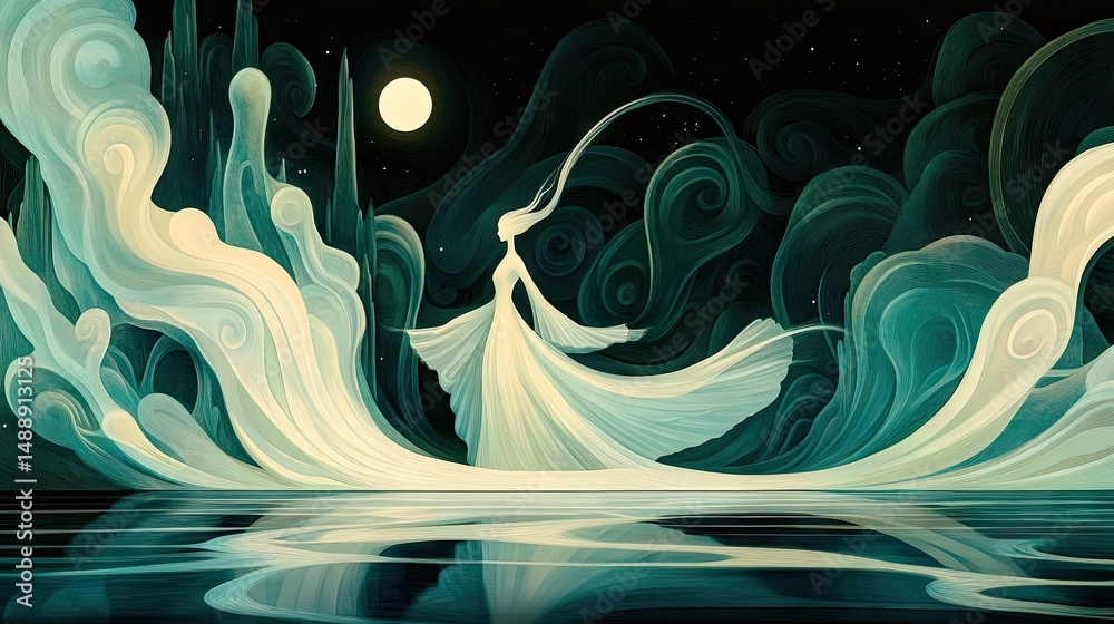Obraz premium Mystical figure draped in flowing attire under a celestial moon.