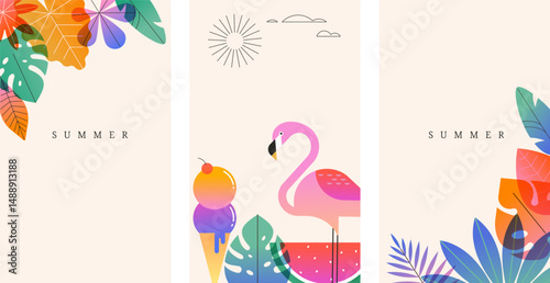 Hello Summer vertical backgrounds with tropical icons. Colorful flat vector illustration of flamingo, jungle leaves, watermelon, swimsuit, sunglasses, and ice cream in modern vibrant style.