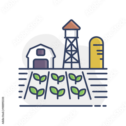 Farm landscape with barn, seedling and windpump