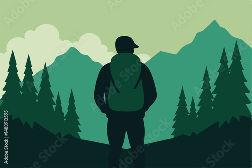 Silhouette of a man on a mountain, with a shadow of a person, an illustration for people