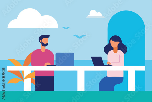Business people work with laptops and coffee in a modern office, a vector illustration concept for web communication