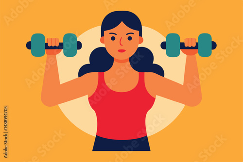 Young woman exercising with dumbbells in a gym, building muscle and improving her fitness