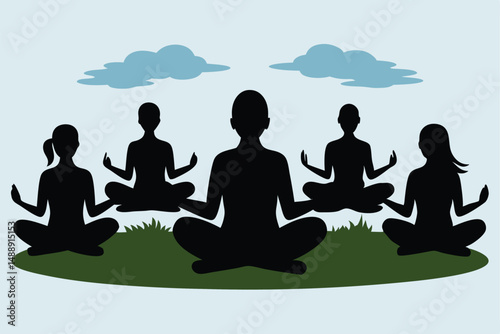 Silhouette of people practicing yoga in the lotus pose, ideal for meditation and zen lifestyle illustrations at sunset