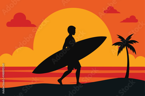 Surfer silhouette on the beach at sunset, an iconic summer sport