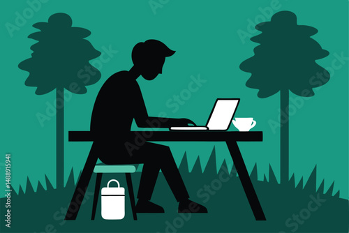 Business people silhouettes work on laptops at office desks