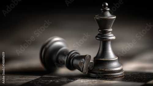 Black king chess piece lies fallen on a chessboard after a decisive checkmate in a late-night game