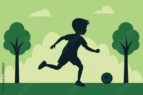 A playful cartoon silhouette of a child, boy, or girl golf player having fun playing sport in the park